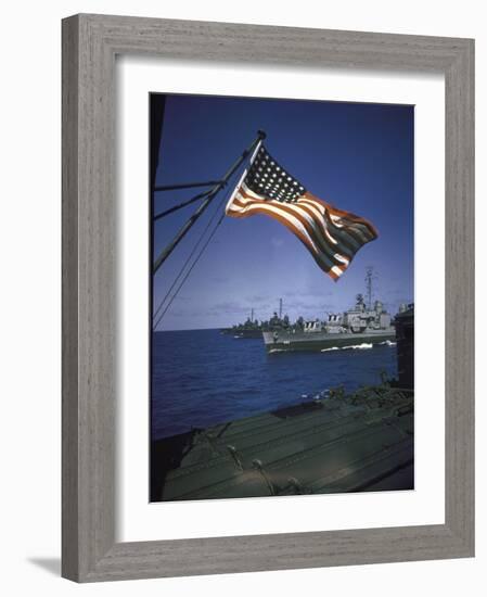 American Flag Flying over Us Navy Ships at Sea-null-Framed Photographic Print