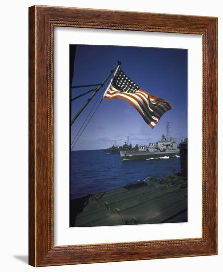 American Flag Flying over Us Navy Ships at Sea-null-Framed Photographic Print