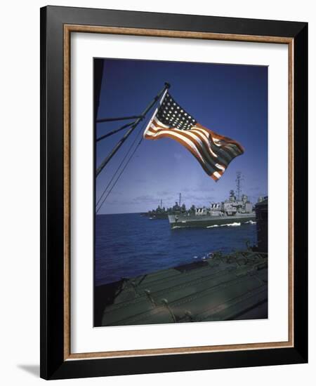 American Flag Flying over Us Navy Ships at Sea-null-Framed Photographic Print