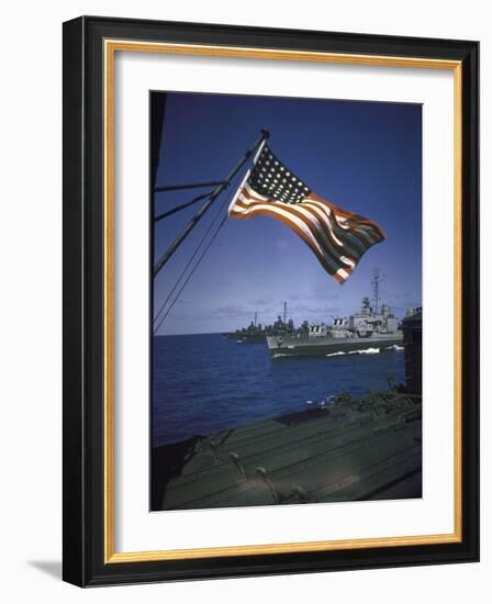 American Flag Flying over Us Navy Ships at Sea-null-Framed Photographic Print