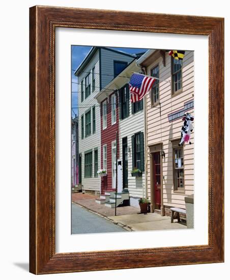 American Flag on Wooden Buildings on a Street in Annapolis, Maryland, USA-Hodson Jonathan-Framed Photographic Print