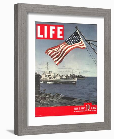 American Flag over US Ships at Sea, July 2, 1945-Eliot Elisofon-Framed Photographic Print