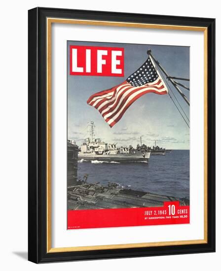 American Flag over US Ships at Sea, July 2, 1945-Eliot Elisofon-Framed Photographic Print