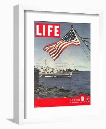 American Flag over US Ships at Sea, July 2, 1945-Eliot Elisofon-Framed Photographic Print