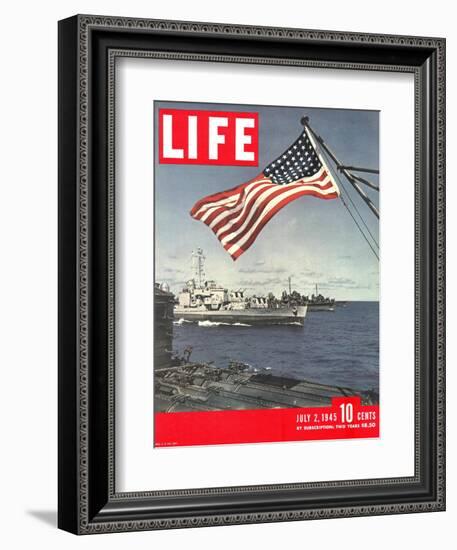 American Flag over US Ships at Sea, July 2, 1945-Eliot Elisofon-Framed Photographic Print