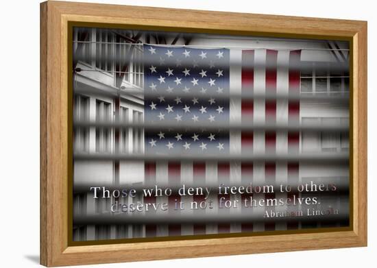 American Flag Through Window Blinds in Philadelphia, PA with Abraham Lincoln Quote-null-Framed Stretched Canvas