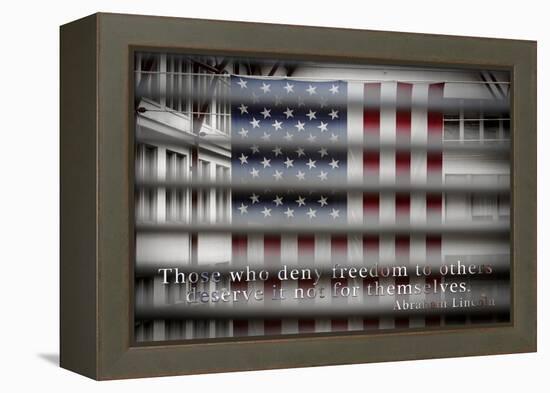 American Flag Through Window Blinds in Philadelphia, PA with Abraham Lincoln Quote-null-Framed Stretched Canvas