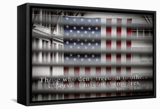 American Flag Through Window Blinds in Philadelphia, PA with Abraham Lincoln Quote-null-Framed Stretched Canvas