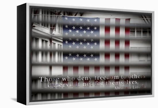 American Flag Through Window Blinds in Philadelphia, PA with Abraham Lincoln Quote-null-Framed Stretched Canvas
