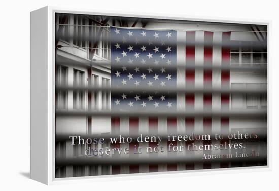 American Flag Through Window Blinds in Philadelphia, PA with Abraham Lincoln Quote-null-Framed Stretched Canvas