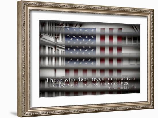 American Flag Through Window Blinds in Philadelphia, PA with Abraham Lincoln Quote-null-Framed Photo