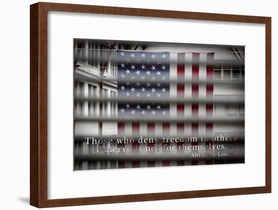 American Flag Through Window Blinds in Philadelphia, PA with Abraham Lincoln Quote-null-Framed Photo