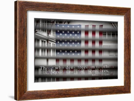 American Flag Through Window Blinds in Philadelphia, PA with Abraham Lincoln Quote-null-Framed Photo