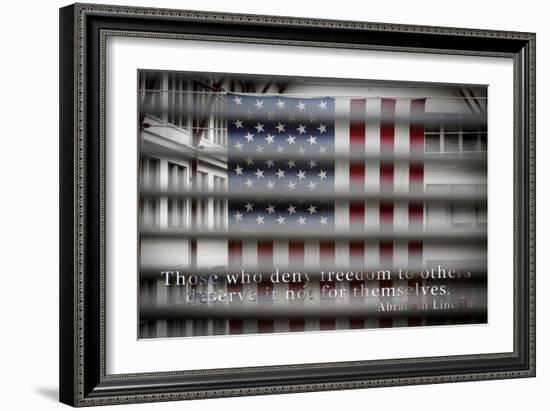 American Flag Through Window Blinds in Philadelphia, PA with Abraham Lincoln Quote-null-Framed Photo