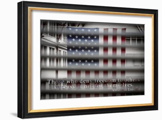 American Flag Through Window Blinds in Philadelphia, PA with Abraham Lincoln Quote-null-Framed Photo