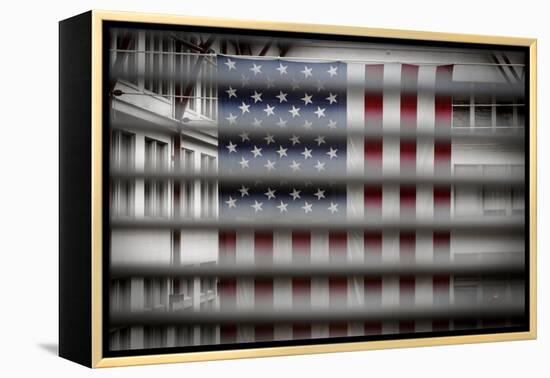 American Flag Through Window Blinds in Philadelphia, PA-null-Framed Stretched Canvas