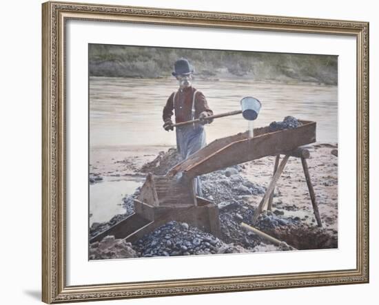 American Gold Prospector Using a Sluice Box-null-Framed Giclee Print