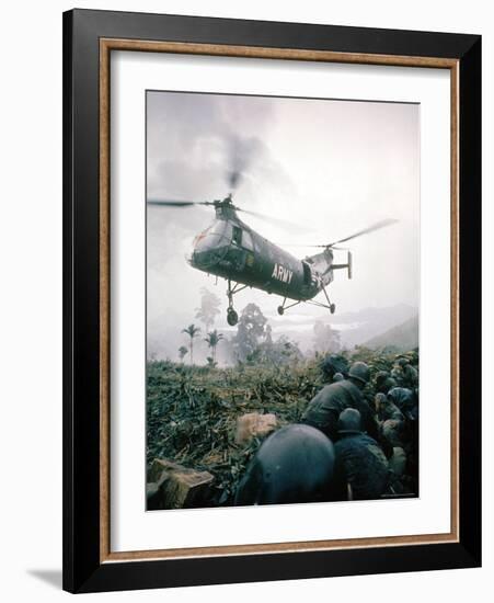 American Helicopter H-21 Hovering Above Soldiers in Combat Zone During Vietnam War-Larry Burrows-Framed Photographic Print
