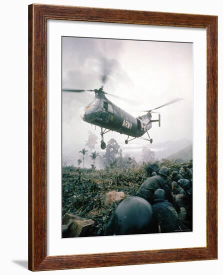 American Helicopter H-21 Hovering Above Soldiers in Combat Zone During Vietnam War-Larry Burrows-Framed Photographic Print