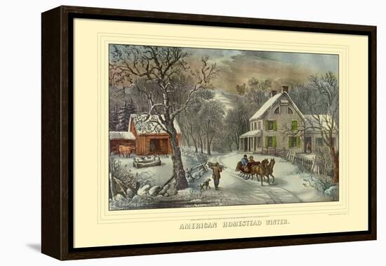 American Homestead Winter-Currier & Ives-Framed Stretched Canvas