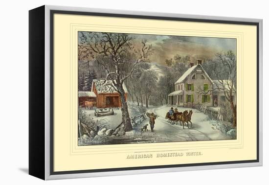 American Homestead Winter-Currier & Ives-Framed Stretched Canvas