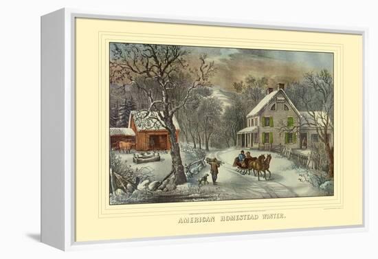 American Homestead Winter-Currier & Ives-Framed Stretched Canvas