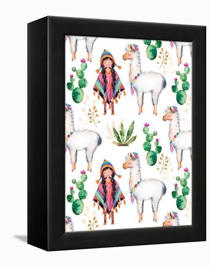 American Indian Girl in Traditional Poncho and Her Best Friend - Llama-KaterinaS-Framed Stretched Canvas