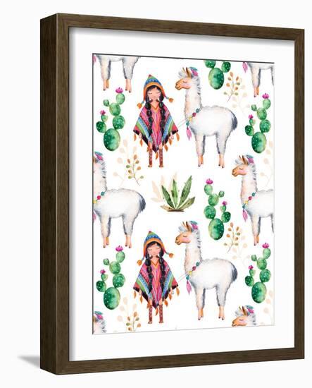 American Indian Girl in Traditional Poncho and Her Best Friend - Llama-KaterinaS-Framed Art Print