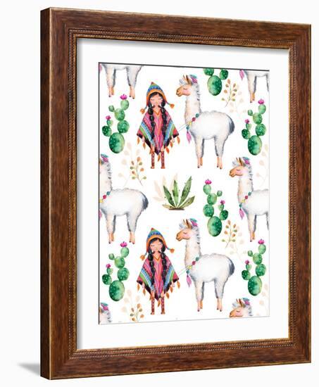 American Indian Girl in Traditional Poncho and Her Best Friend - Llama-KaterinaS-Framed Art Print