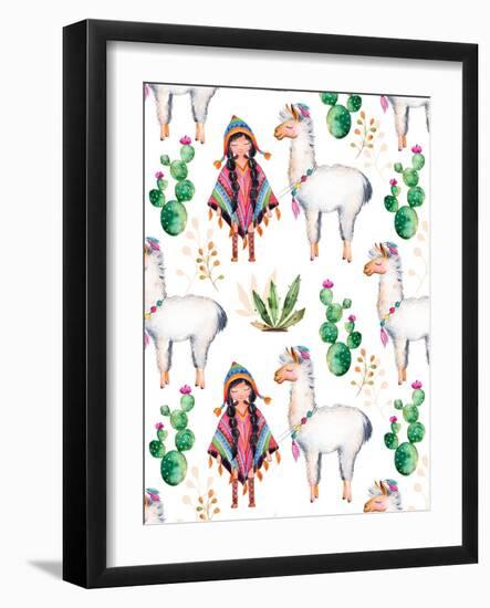 American Indian Girl in Traditional Poncho and Her Best Friend - Llama-KaterinaS-Framed Art Print