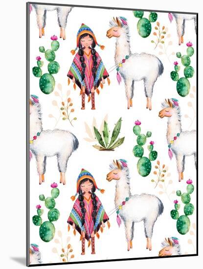 American Indian Girl in Traditional Poncho and Her Best Friend - Llama-KaterinaS-Mounted Art Print