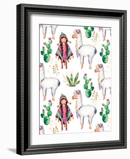 American Indian Girl in Traditional Poncho and Her Best Friend - Llama-KaterinaS-Framed Art Print