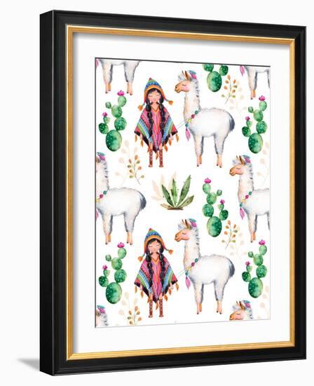 American Indian Girl in Traditional Poncho and Her Best Friend - Llama-KaterinaS-Framed Art Print