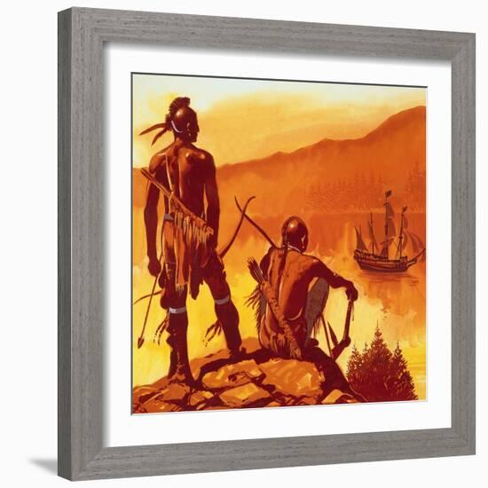 American Indians Looking at Invaders' Ship-English School-Framed Giclee Print