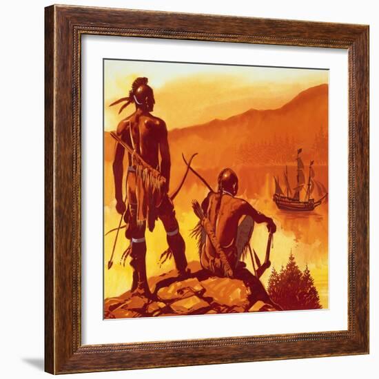 American Indians Looking at Invaders' Ship-English School-Framed Giclee Print