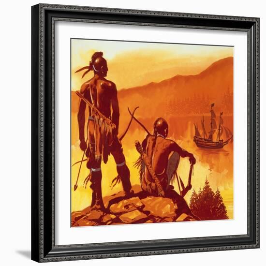 American Indians Looking at Invaders' Ship-English School-Framed Giclee Print
