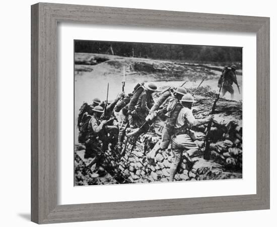 American Infantry in WWI Leaving their Trench to Advance Against the Germans, 1918-American Photographer-Framed Premium Photographic Print