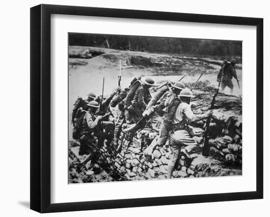 American Infantry in WWI Leaving their Trench to Advance Against the Germans, 1918-American Photographer-Framed Premium Photographic Print