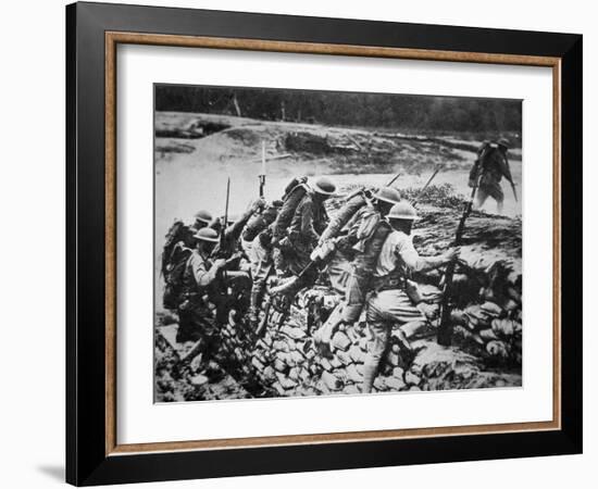 American Infantry in WWI Leaving their Trench to Advance Against the Germans, 1918-American Photographer-Framed Photographic Print