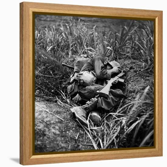 American Infantryman Terry Moore Taking Cover; Japanese Artillery Fire Explodes Nearby During-W^ Eugene Smith-Framed Premier Image Canvas