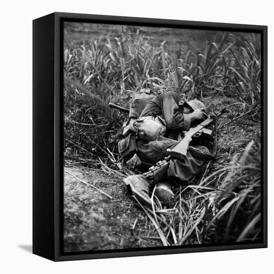 American Infantryman Terry Moore Taking Cover; Japanese Artillery Fire Explodes Nearby During-W^ Eugene Smith-Framed Premier Image Canvas