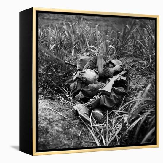 American Infantryman Terry Moore Taking Cover; Japanese Artillery Fire Explodes Nearby During-W^ Eugene Smith-Framed Premier Image Canvas