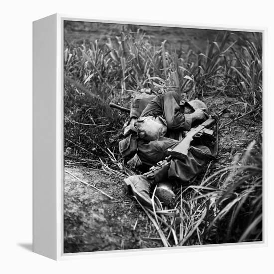 American Infantryman Terry Moore Taking Cover; Japanese Artillery Fire Explodes Nearby During-W^ Eugene Smith-Framed Premier Image Canvas