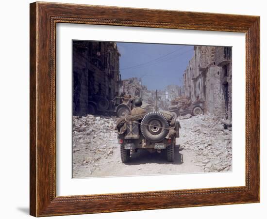 American Jeeps Travelling Through Completely Bombed Out Town During the Drive Towards Rome, Wii-Carl Mydans-Framed Photographic Print