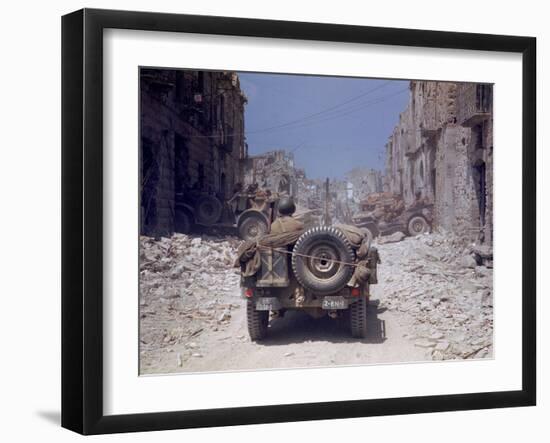 American Jeeps Travelling Through Completely Bombed Out Town During the Drive Towards Rome, Wii-Carl Mydans-Framed Photographic Print