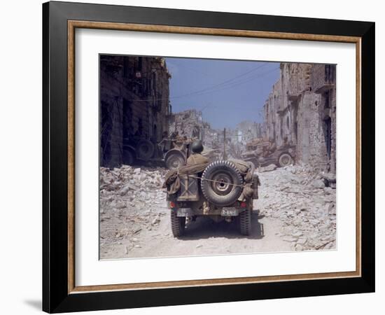 American Jeeps Travelling Through Completely Bombed Out Town During the Drive Towards Rome, Wii-Carl Mydans-Framed Photographic Print