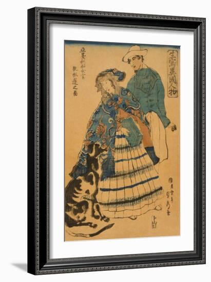 American Lady Playing Accordion (Amerika Jokan Hansui O Gansuru No Zu)-Sadahide Utagawa-Framed Art Print
