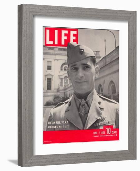 American Marine Ace Pilot Captain Joe Foss Wearing his Medal of Honor, June 7, 1943-Myron Davis-Framed Photographic Print