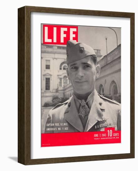 American Marine Ace Pilot Captain Joe Foss Wearing his Medal of Honor, June 7, 1943-Myron Davis-Framed Photographic Print