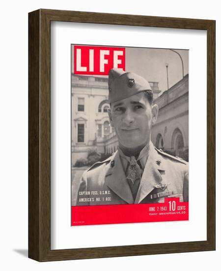 American Marine Ace Pilot Captain Joe Foss Wearing his Medal of Honor, June 7, 1943-Myron Davis-Framed Photographic Print